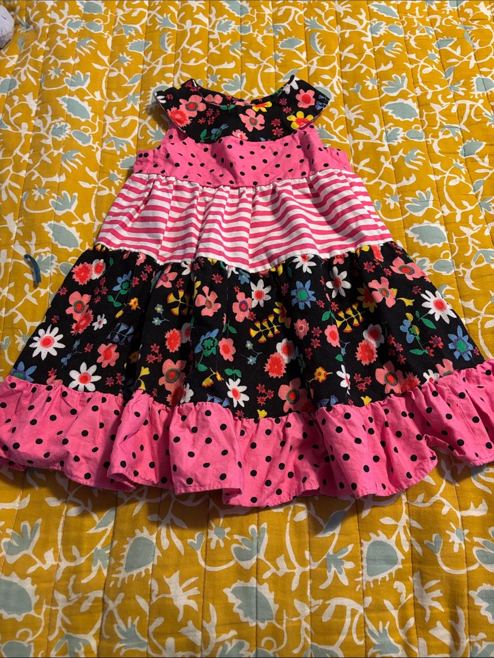 Handmade Toddler Girls Dress Contrast Fabrics Tiered Ruffle